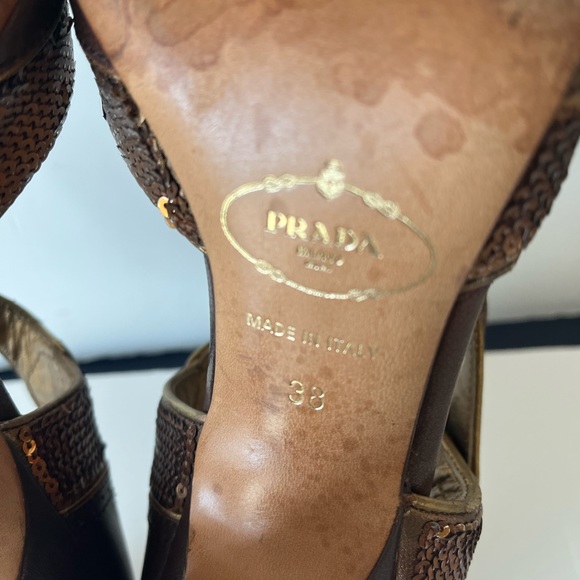 Prada Vintage Brown gold Sequin PeepToe Ankle strap Heels Sz 38 - Picture 8 of 9